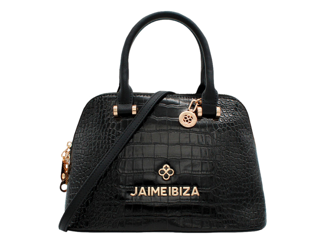 Bolsa negra con textura de cocodrilo y herrajes dorados de la marca Jaime Ibiza.