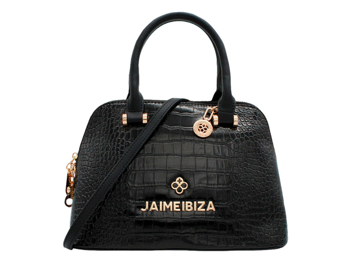 Bolsa negra con textura de cocodrilo y herrajes dorados de la marca Jaime Ibiza.