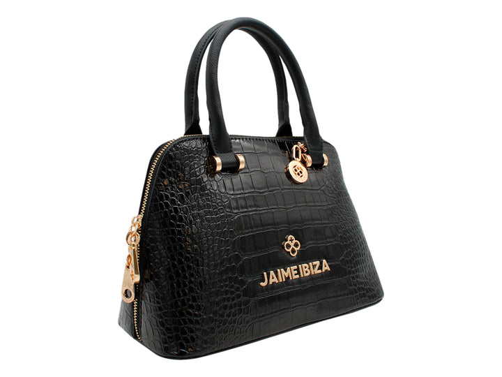 Bolsa negra con textura de cocodrilo y herrajes dorados de la marca Jaime Ibiza.