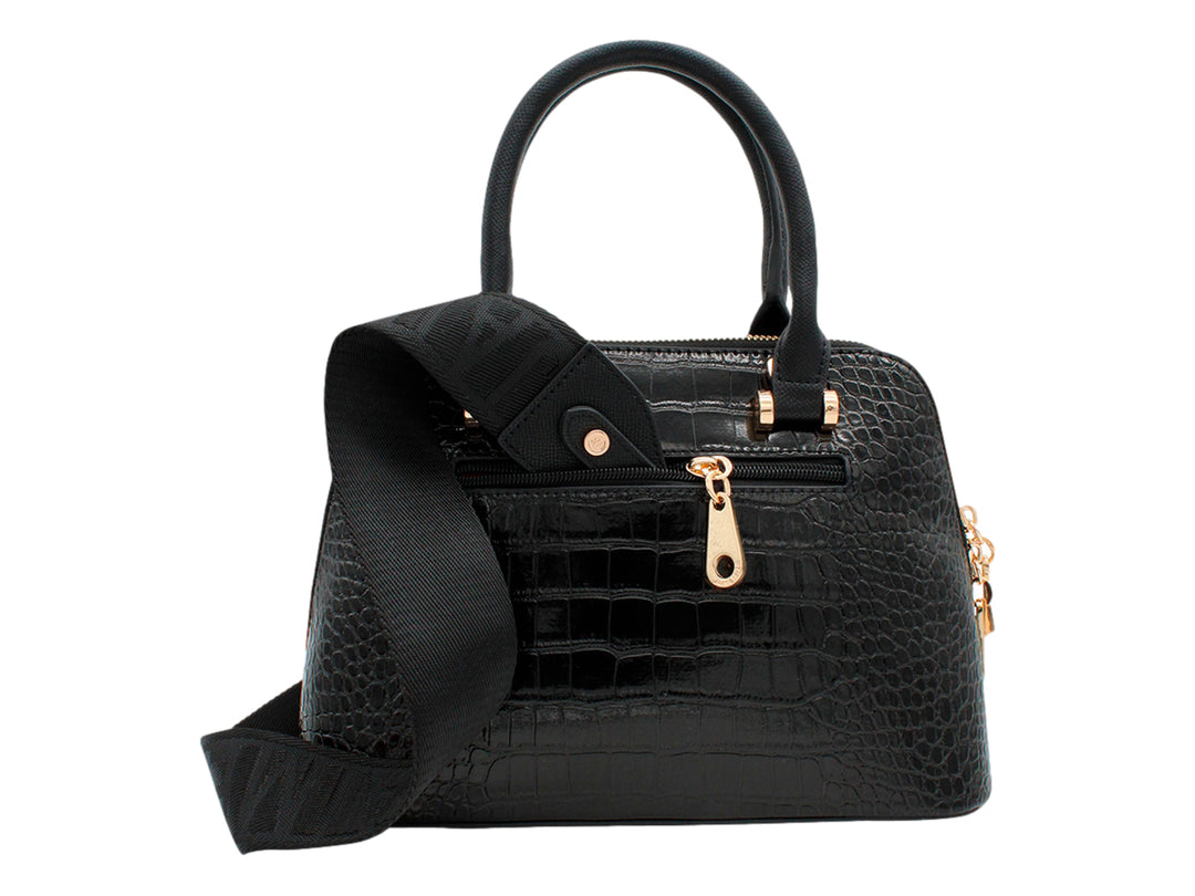Bolsa negra con textura de cocodrilo y herrajes dorados de la marca Jaime Ibiza.