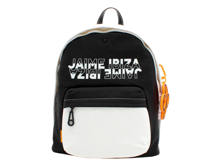 Mochila escolar Jaime Ibiza en colores negro y blanco con detalles en naranja y logotipo frontal.