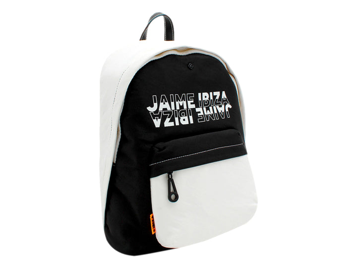Mochila escolar Jaime Ibiza en colores negro y blanco con detalles en naranja y logotipo frontal.