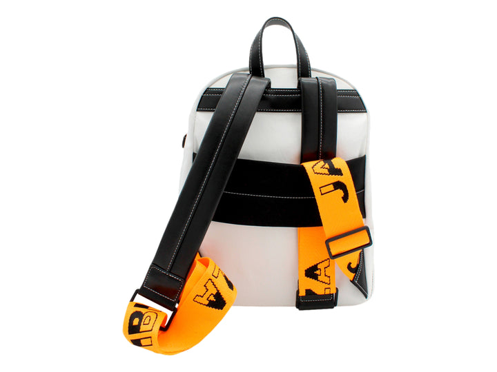 Mochila escolar Jaime Ibiza en colores negro y blanco con detalles en naranja y logotipo frontal.