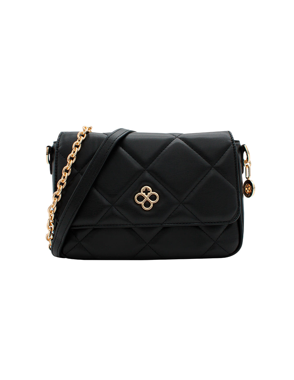 Bolso de hombro Jaime Ibiza color negro con diseño acolchado y correa de cadena dorada.