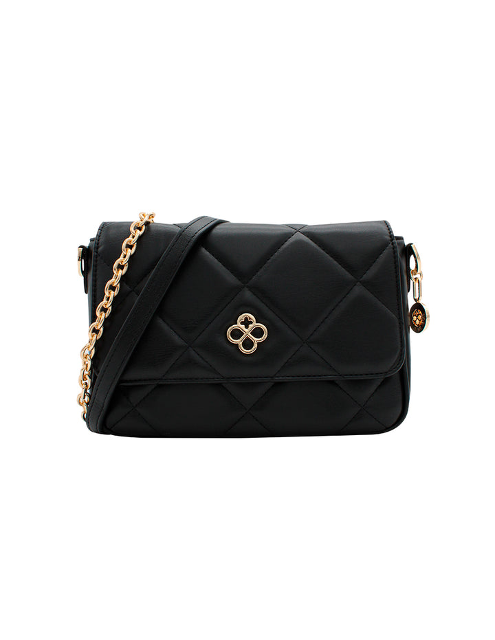 Bolso de hombro Jaime Ibiza color negro con diseño acolchado y correa de cadena dorada.