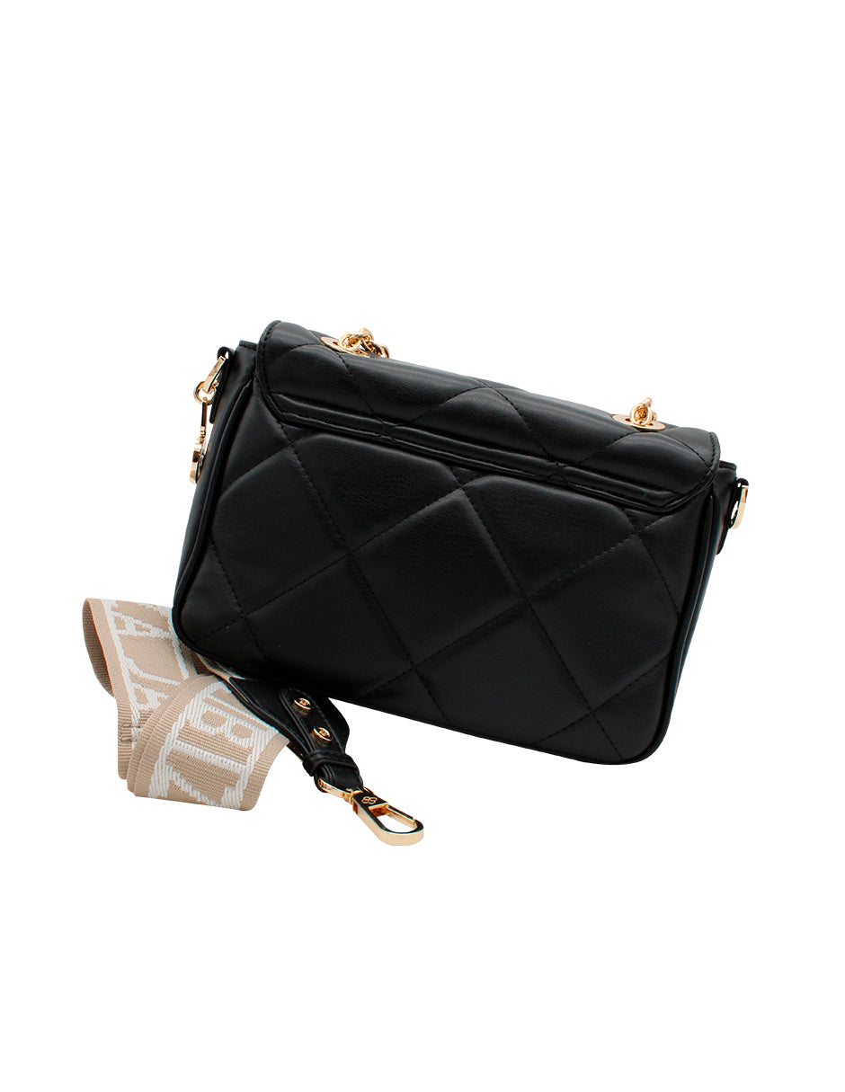 Bolso de hombro Jaime Ibiza color negro con diseño acolchado y correa de cadena dorada.
