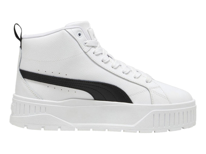 Tenis PUMA Karmen II Mid en color blanco con franja negra lateral y suela de plataforma blanca.