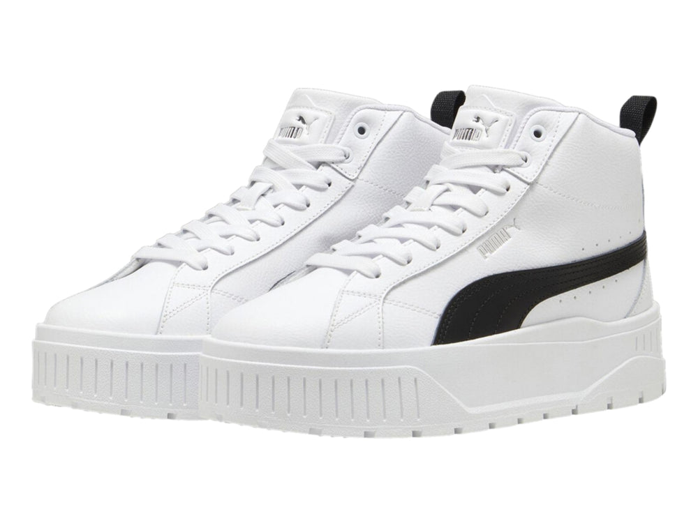 Tenis PUMA Karmen II Mid en color blanco con franja negra lateral y suela de plataforma blanca.