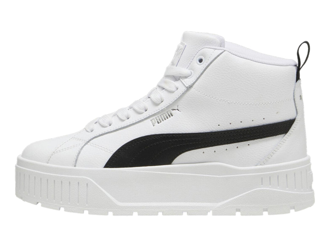 Tenis PUMA Karmen II Mid en color blanco con franja negra lateral y suela de plataforma blanca.
