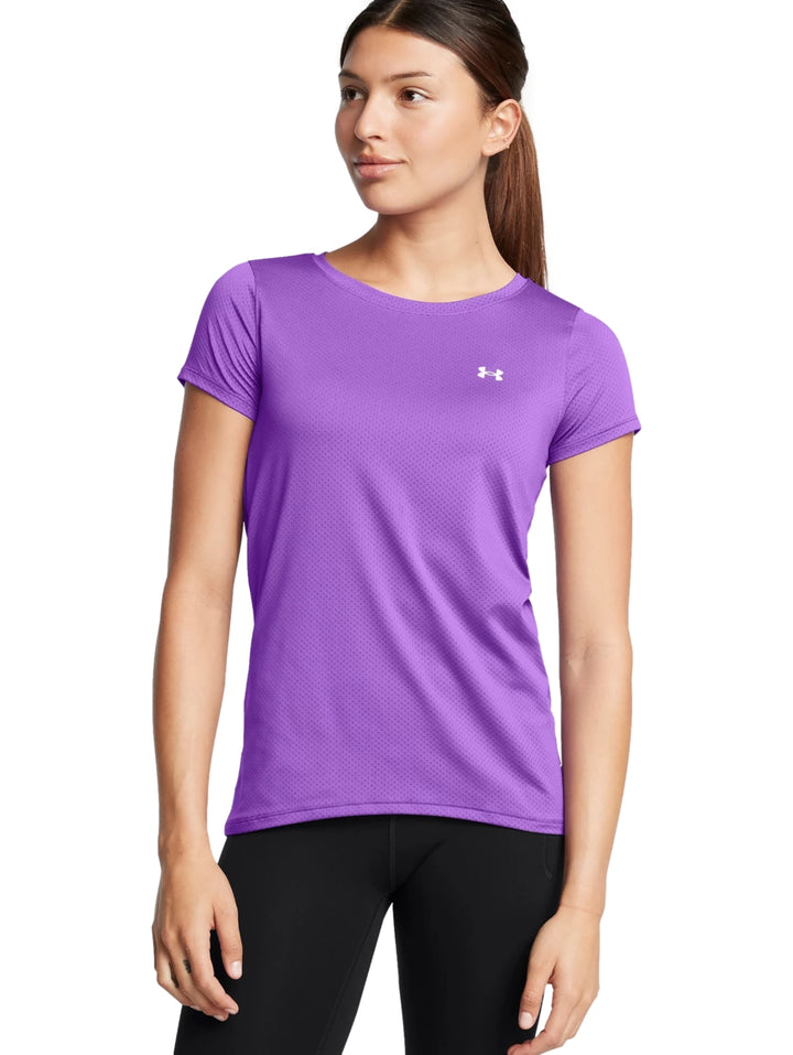 Camiseta deportiva de manga corta color morado Under Armour para mujer.