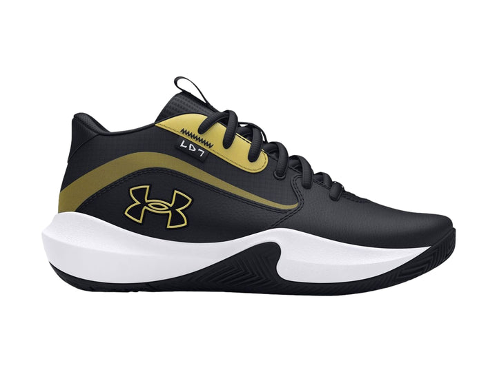 Tenis de baloncesto Under Armour color negro con detalles en dorado y suela blanca.