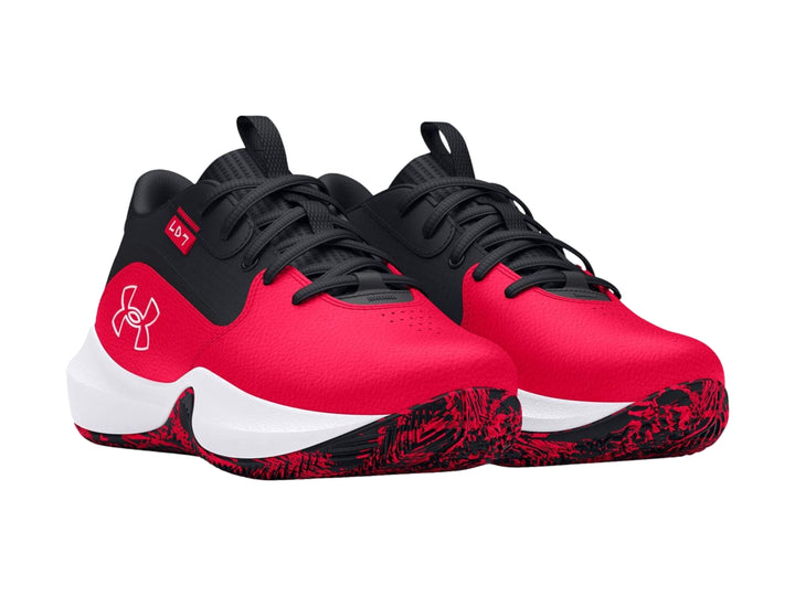 Tenis de baloncesto Under Armour Lockdown 7 en colores rojo, negro y blanco.