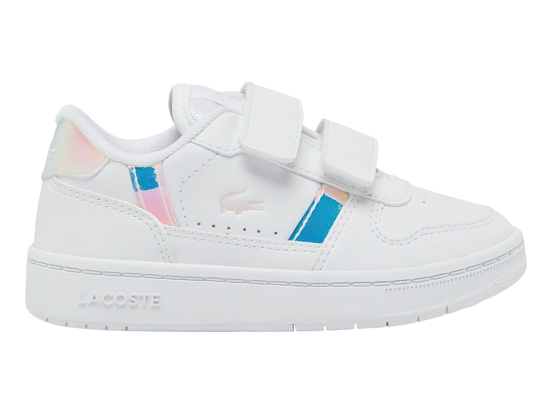 Tenis blancos Lacoste con detalles iridiscentes en rosa y azul y cierre de velcro.