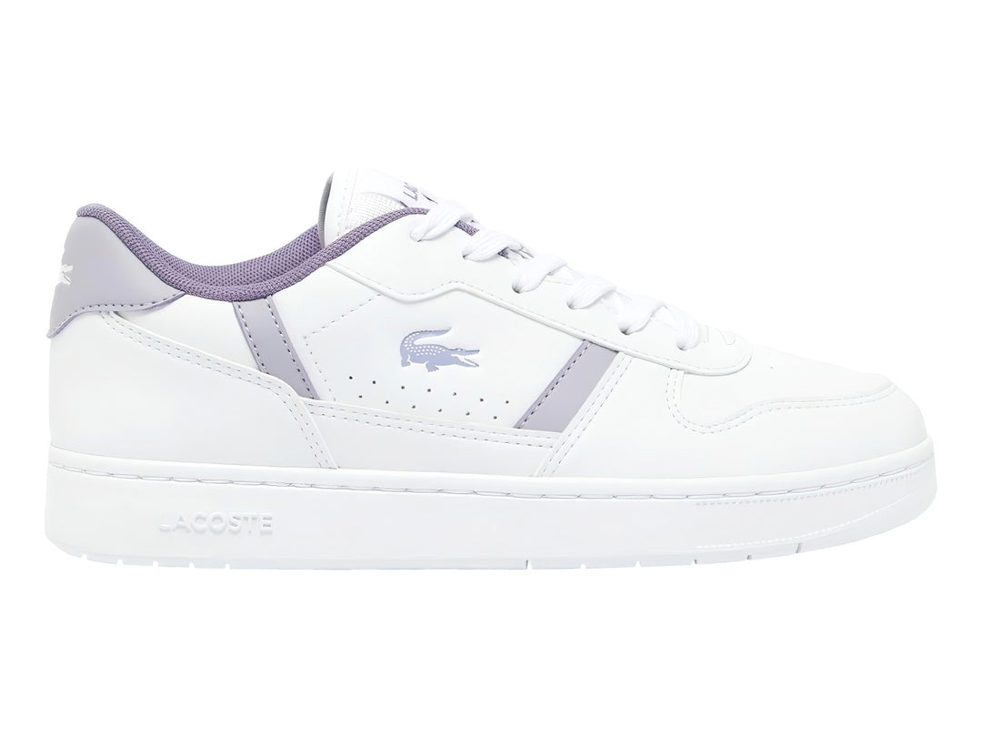 Tenis Lacoste blancos con detalles en color morado claro, diseño deportivo y casual.