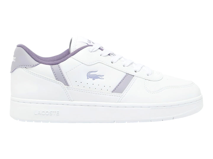 Tenis Lacoste blancos con detalles en color morado claro, diseño deportivo y casual.