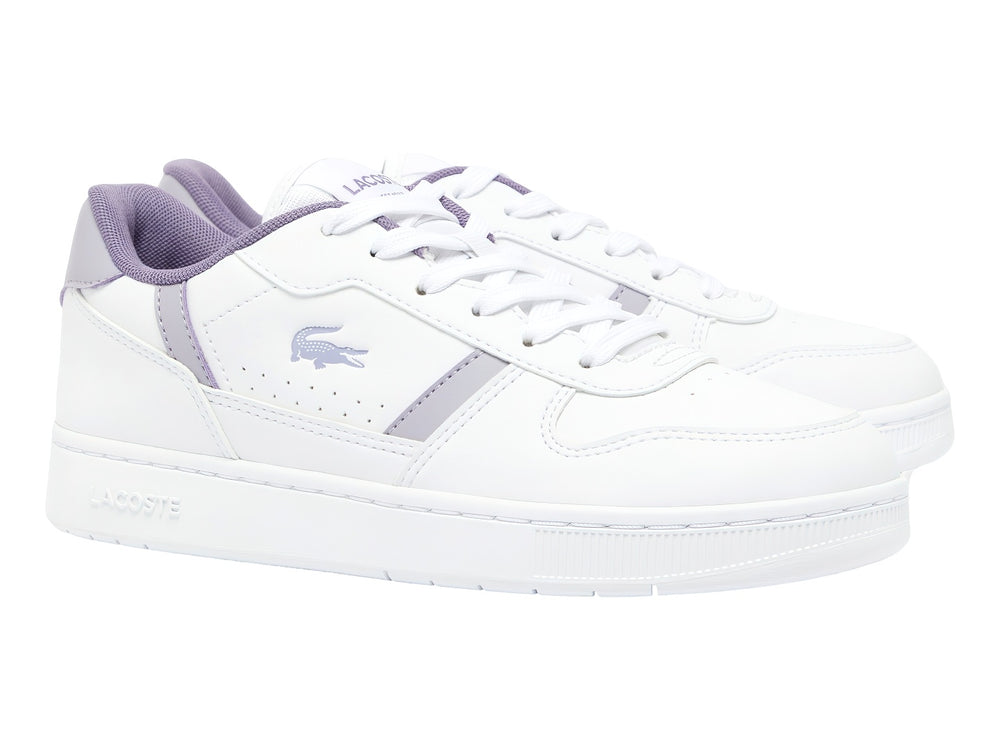 Tenis Lacoste blancos con detalles en color morado claro, diseño deportivo y casual.