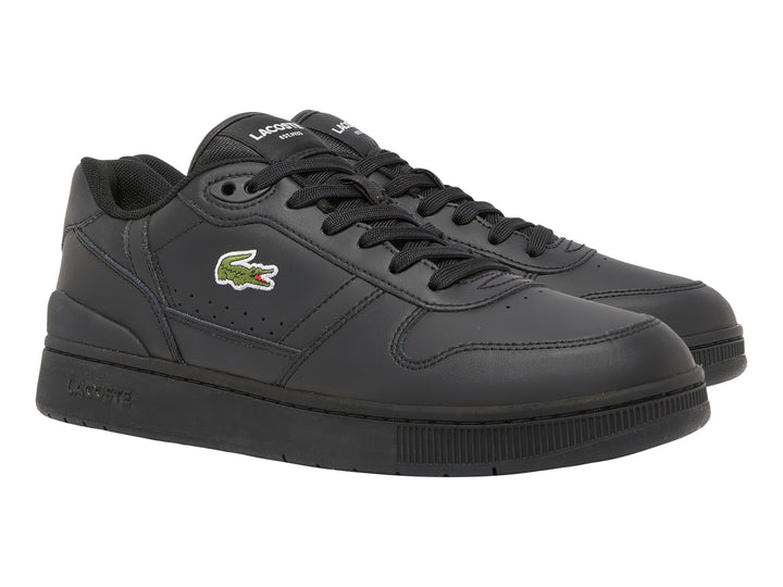 Tenis Lacoste T-Clip en color negro total con logotipo del cocodrilo en el costado y suela a juego.