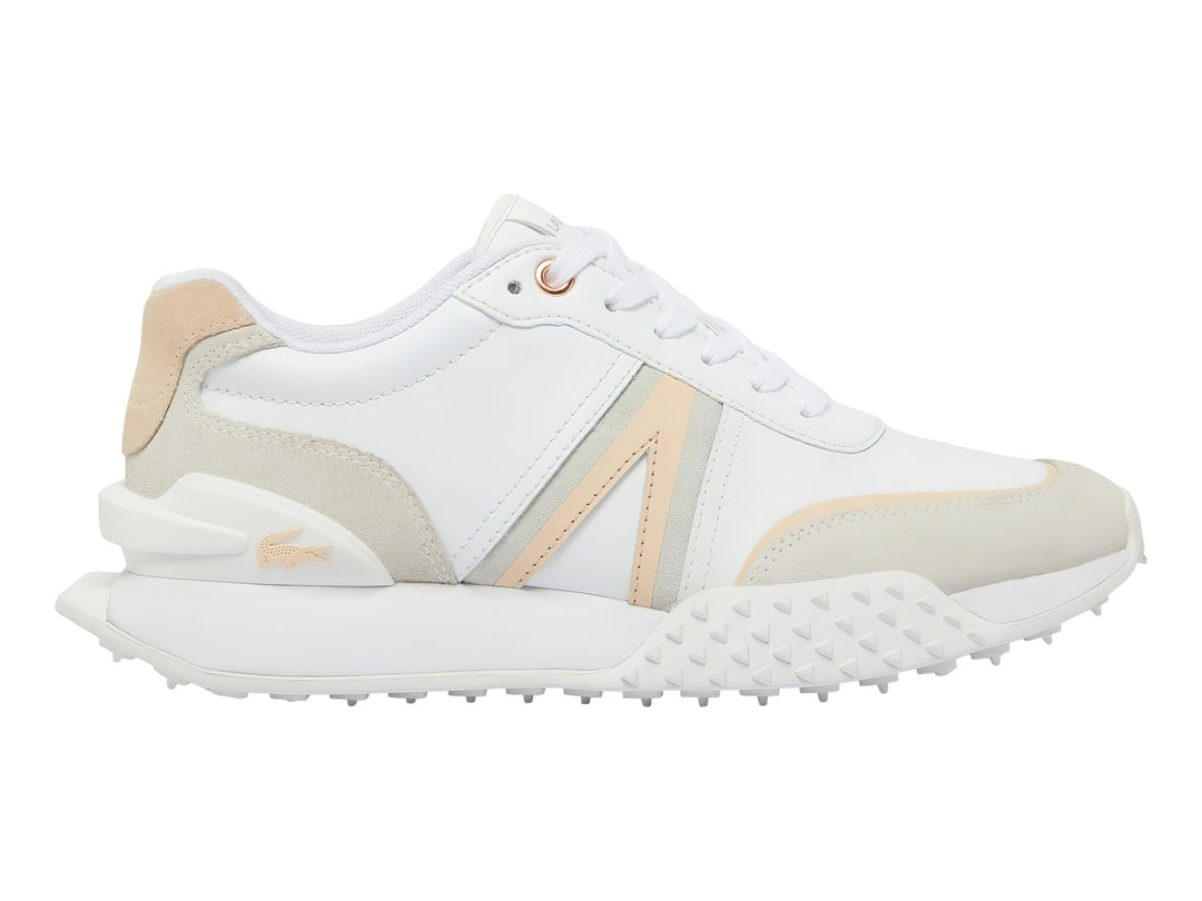 Tenis Lacoste L-Spin Deluxe en color blanco con detalles en rosa claro y beige, diseño deportivo y moderno.