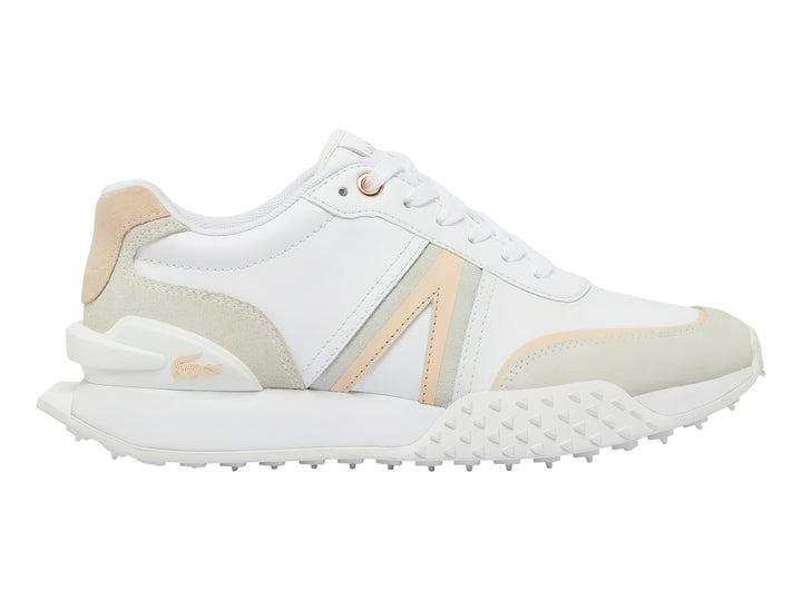 Tenis Lacoste L-Spin Deluxe en color blanco con detalles en rosa claro y beige, diseño deportivo y moderno.