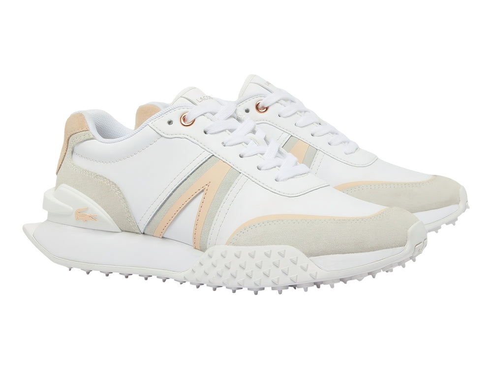 Tenis Lacoste L-Spin Deluxe en color blanco con detalles en rosa claro y beige, diseño deportivo y moderno.