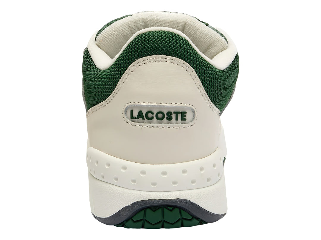 Tenis Lacoste color blanco con detalles en verde oscuro y suela blanca, estilo deportivo casual.