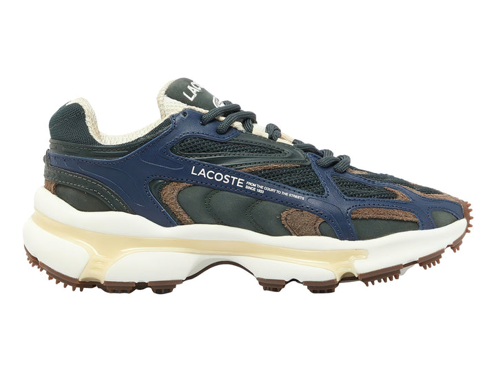Tenis Lacoste deportivos en colores verde oscuro, azul y café con suela blanca gruesa y base de goma.