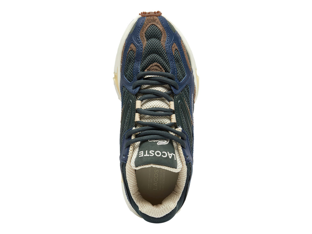 Tenis Lacoste deportivos en colores verde oscuro, azul y café con suela blanca gruesa y base de goma.