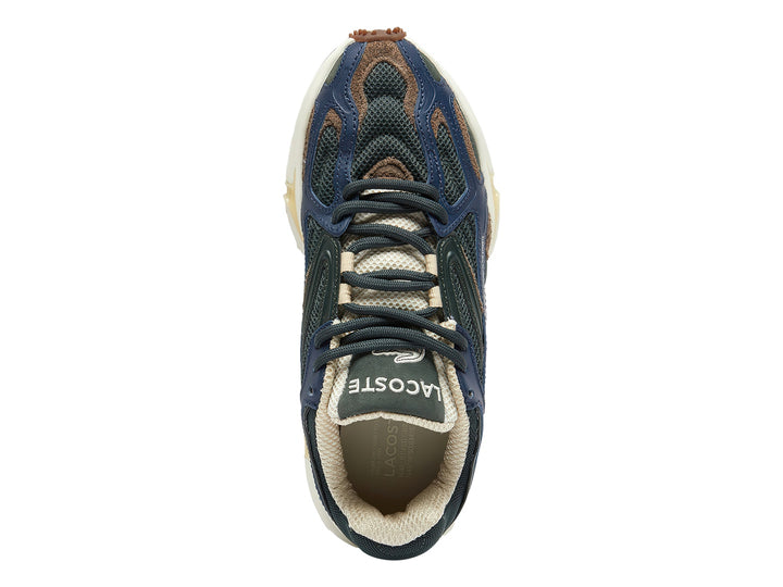 Tenis Lacoste deportivos en colores verde oscuro, azul y café con suela blanca gruesa y base de goma.
