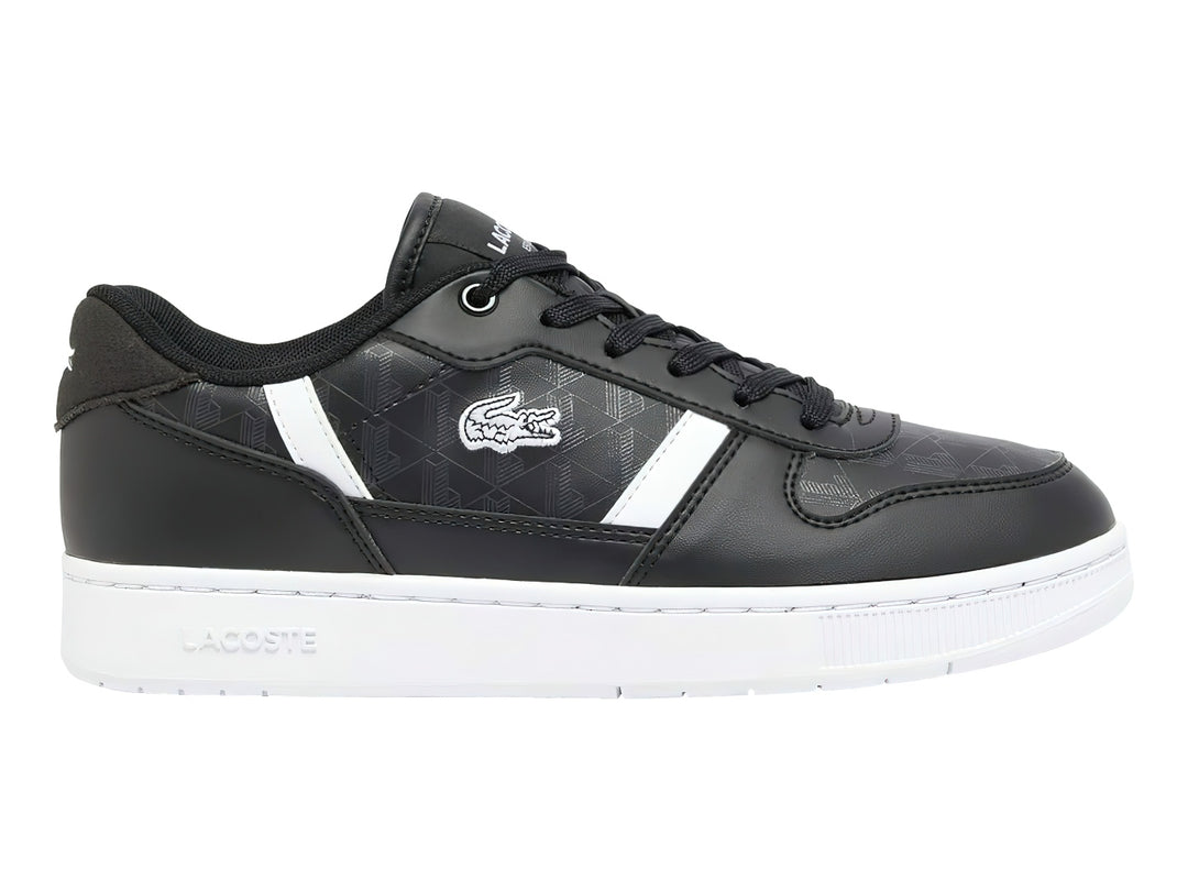 Tenis Lacoste T-Clip para niños en color negro con suela y detalles en blanco.