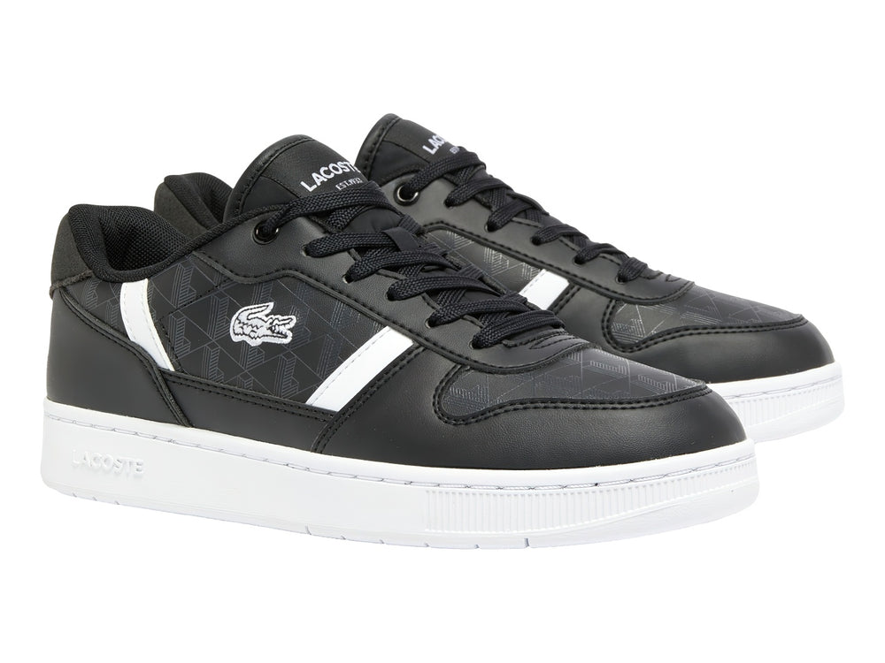 Tenis Lacoste T-Clip para niños en color negro con suela y detalles en blanco.