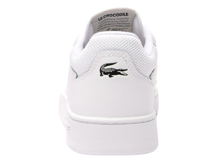 Tenis blancos de cuero Lacoste con logotipo de cocodrilo verde en el lateral.