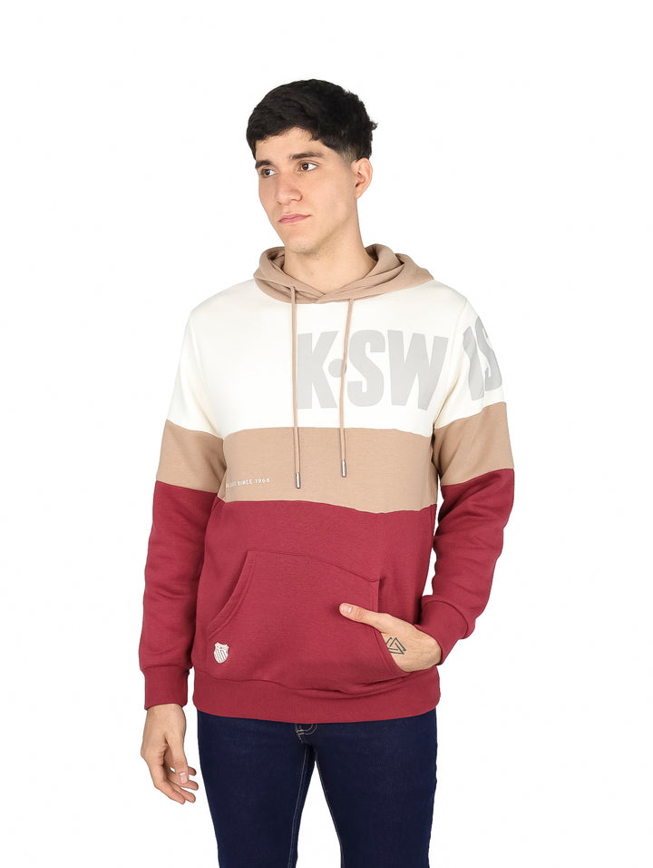 Sudadera con capucha K-Swiss con diseño de bloques horizontales en colores blanco, beige y vino.