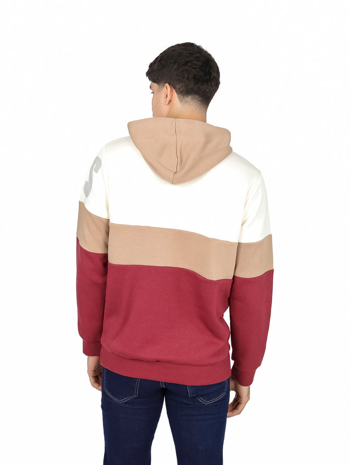 Sudadera con capucha K-Swiss con diseño de bloques horizontales en colores blanco, beige y vino.