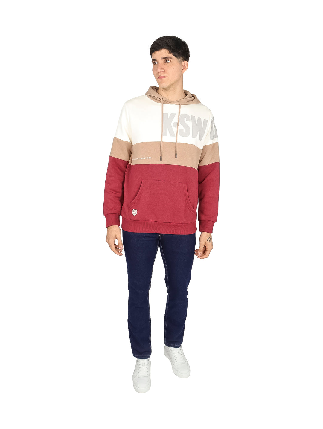 Sudadera con capucha K-Swiss con diseño de bloques horizontales en colores blanco, beige y vino.