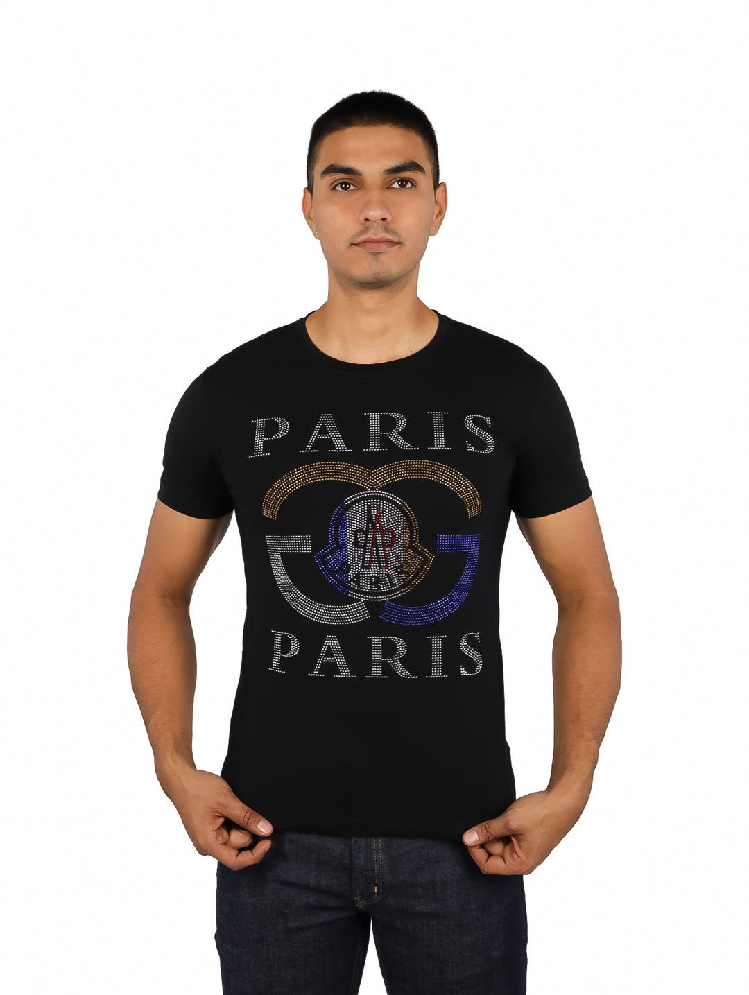 Playera negra de manga corta para hombre con diseño brillante de la palabra PARIS y logo central.