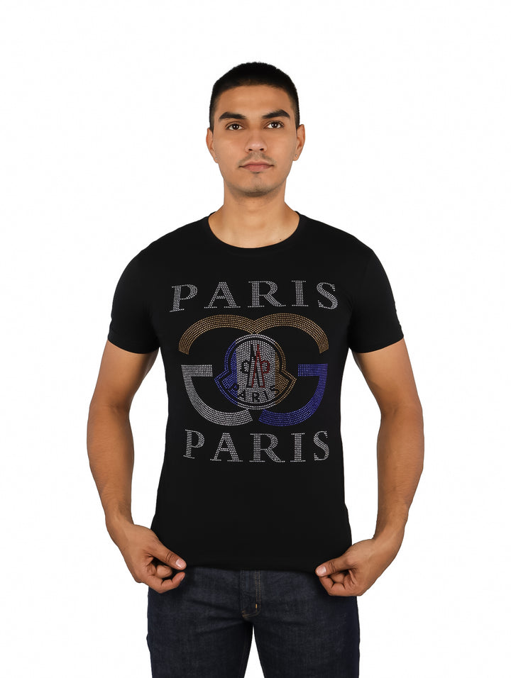 Playera negra de manga corta para hombre con diseño brillante de la palabra PARIS y logo central.