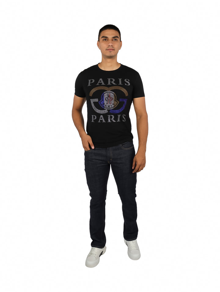 Playera negra de manga corta para hombre con diseño brillante de la palabra PARIS y logo central.