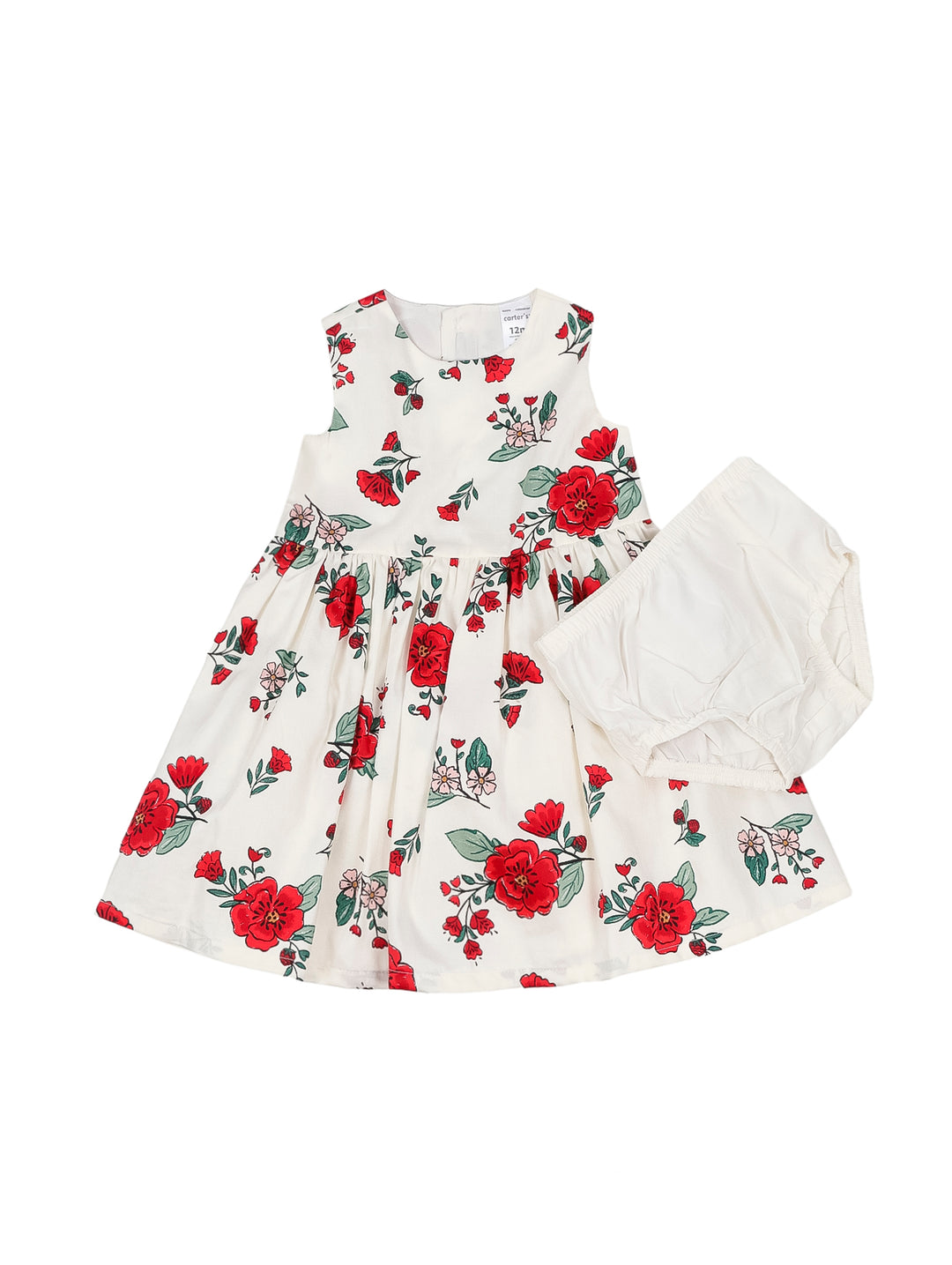 Vestido color ivory con estampado de flores rojas y cubrepañal a juego para niña.