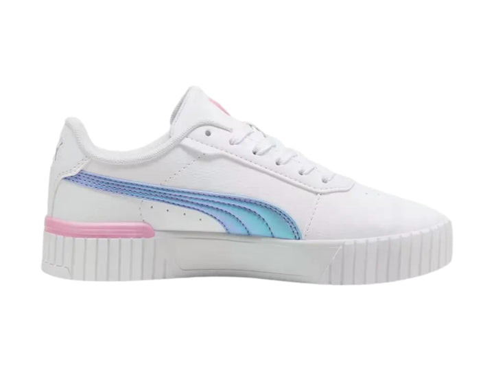 Tenis PUMA blancos con franja azul y detalle rosa en el talón, con suela de plataforma blanca.