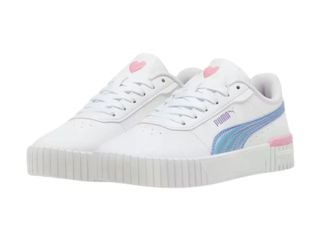 Tenis PUMA blancos con franja azul y detalle rosa en el talón, con suela de plataforma blanca.