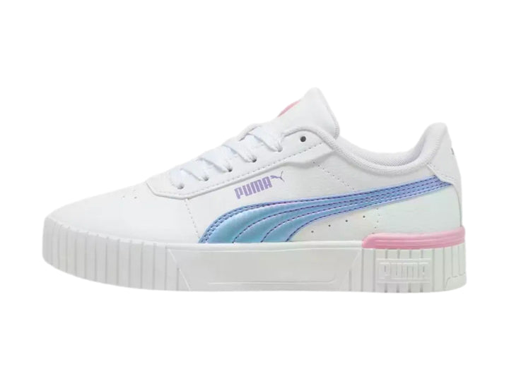 Tenis PUMA blancos con franja azul y detalle rosa en el talón, con suela de plataforma blanca.