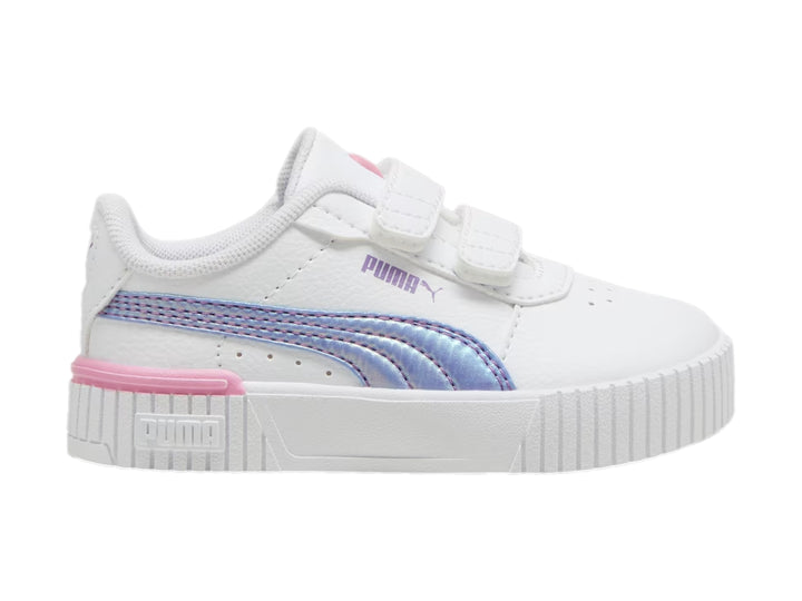 Tenis PUMA blancos para niña con detalles en lavanda y rosa, cierre de velcro y suela de plataforma.