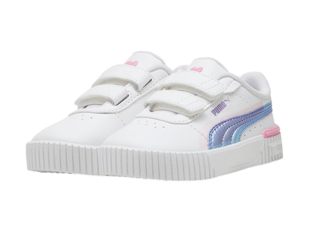 Tenis PUMA blancos para niña con detalles en lavanda y rosa, cierre de velcro y suela de plataforma.