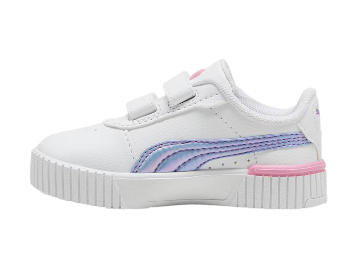 Tenis PUMA blancos para niña con detalles en lavanda y rosa, cierre de velcro y suela de plataforma.