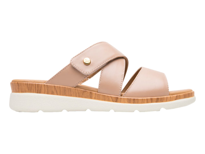 Sandalia Flexi color rosa con dos correas, plantilla efecto madera y suela blanca gruesa para mujer.