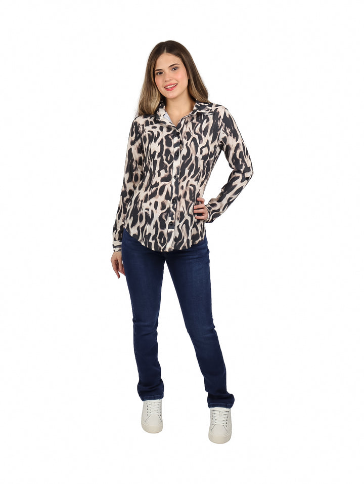 Blusa Camisera Jazmin Beige y Negro para Mujer