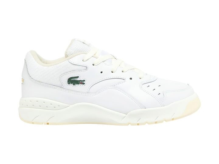 Tenis deportivos Lacoste color blanco y blanco roto con detalles en malla y logotipo verde.