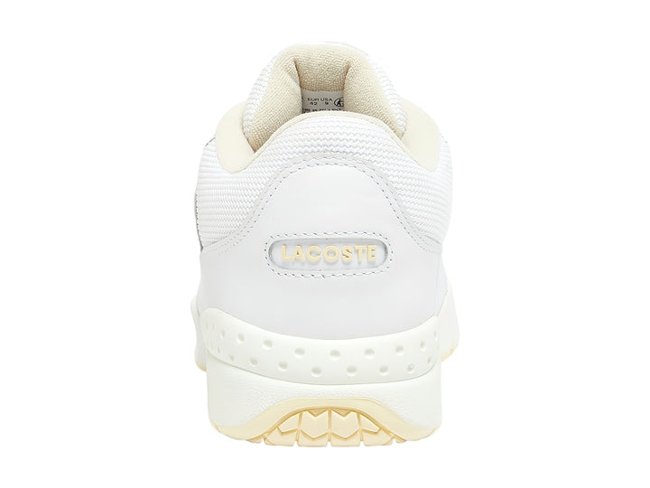 Tenis deportivos Lacoste color blanco y blanco roto con detalles en malla y logotipo verde.