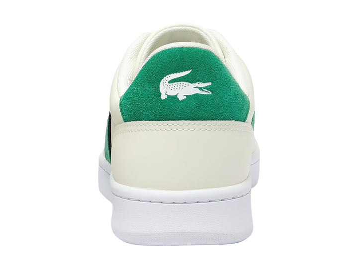 Tenis Lacoste blancos con franja lateral verde y negra y detalle verde en el talón.