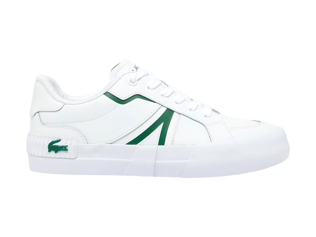 Tenis blancos de la marca Lacoste con franja y logotipo en color verde.